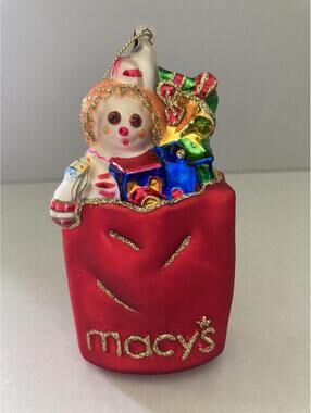 Vintage Macy's Red Molded Glass 'Bag Of Gifts' Christmas Ornament - Used